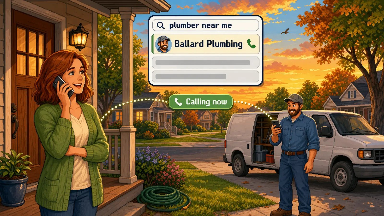 Pixel art: a homeowner on her porch searching for a plumber near her, finding Ballard Plumbing at the top of the results, and calling him; across the street he is standing by his open work van as the call comes in